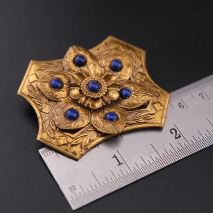 ❤️ Vintage Brass Floral Brooch with Blue Cabochon Beads, Ornate Etched Design, 2 Inch