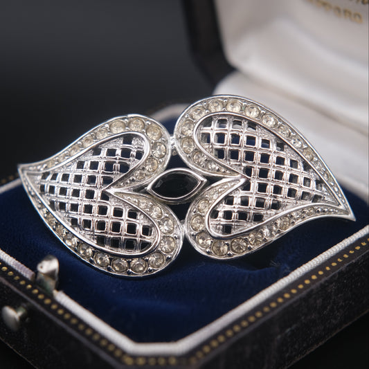 Romantic Vintage Nina Ricci Brooch with Double Heart Design and Crystal Inlay