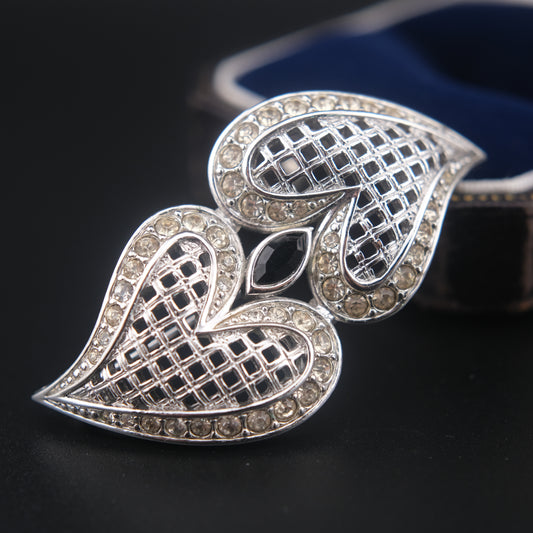 Romantic Vintage Nina Ricci Brooch with Double Heart Design and Crystal Inlay