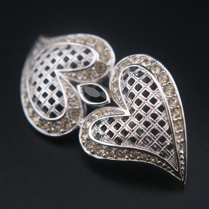 Romantic Vintage Nina Ricci Brooch with Double Heart Design and Crystal Inlay