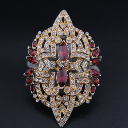 ❤️ Vintage Art Deco Style Rhinestone Brooch Gold Tone Red Marquise Crystal Statement Pin