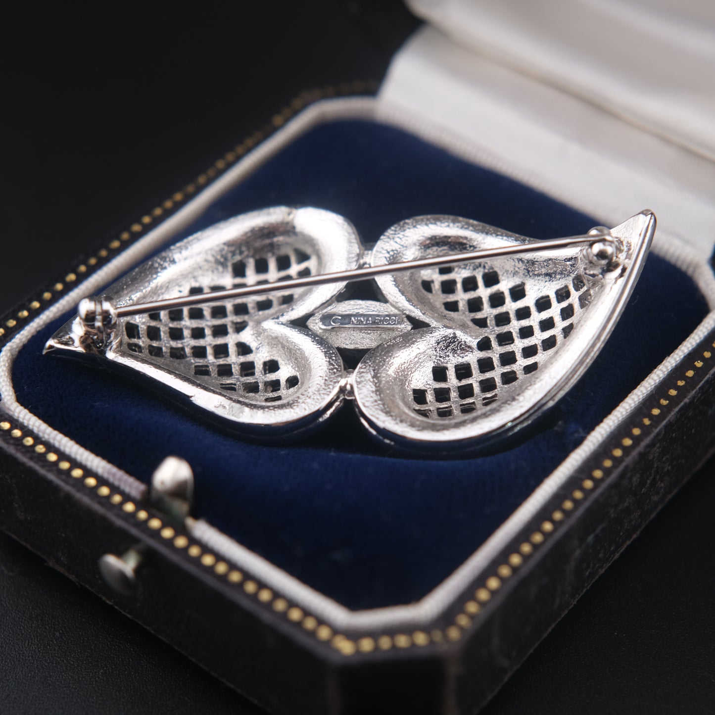 Romantic Vintage Nina Ricci Brooch with Double Heart Design and Crystal Inlay