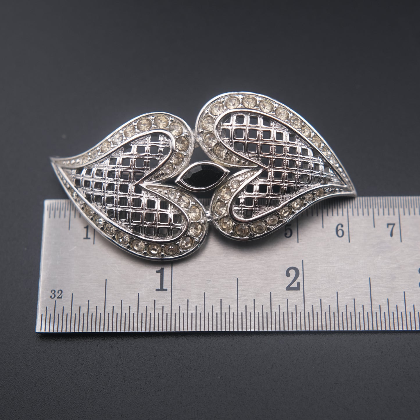 Romantic Vintage Nina Ricci Brooch with Double Heart Design and Crystal Inlay