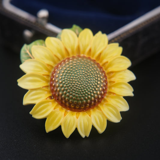 Vintage Toshikane Japan Porcelain Sunflower Brooch with Green Leaf Accent
