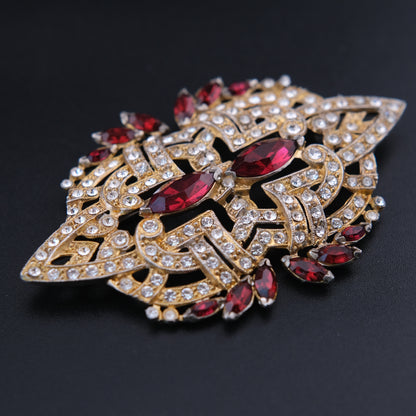 ❤️ Vintage Art Deco Style Rhinestone Brooch Gold Tone Red Marquise Crystal Statement Pin