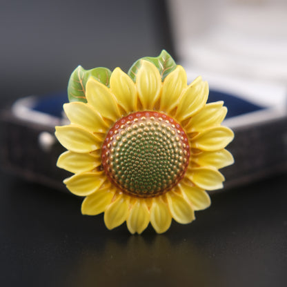 Vintage Toshikane Japan Porcelain Sunflower Brooch with Green Leaf Accent