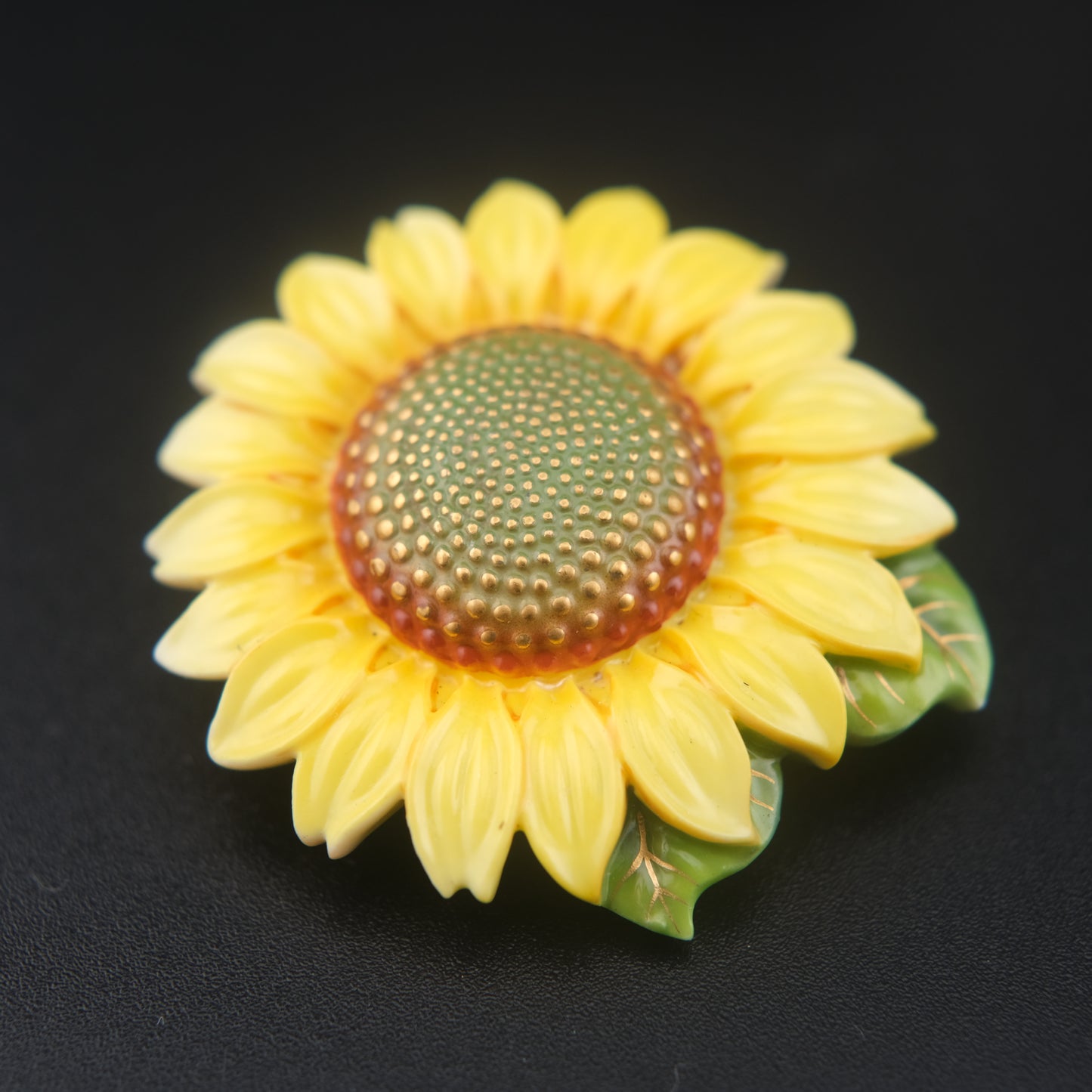 Vintage Toshikane Japan Porcelain Sunflower Brooch with Green Leaf Accent