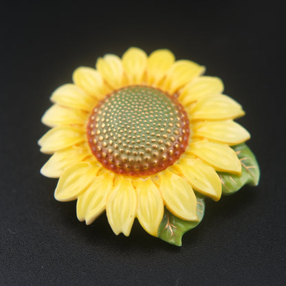Vintage Toshikane Japan Porcelain Sunflower Brooch with Green Leaf Accent
