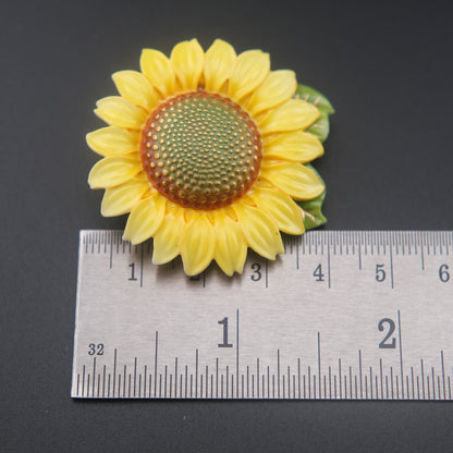 Vintage Toshikane Japan Porcelain Sunflower Brooch with Green Leaf Accent
