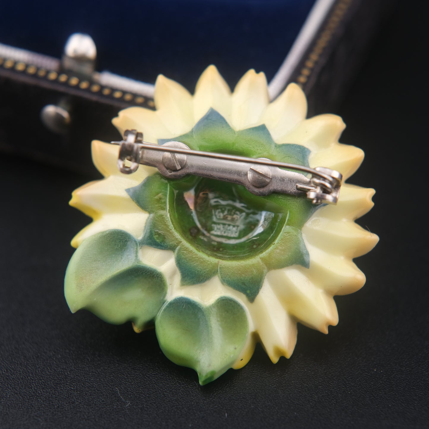 Vintage Toshikane Japan Porcelain Sunflower Brooch with Green Leaf Accent