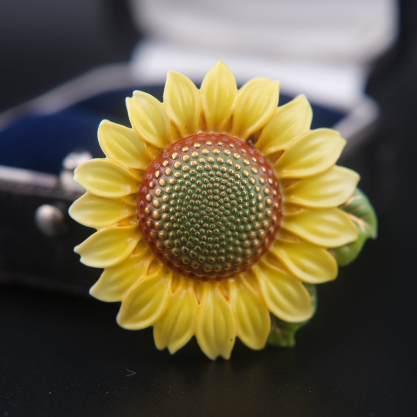 Vintage Toshikane Japan Porcelain Sunflower Brooch with Green Leaf Accent