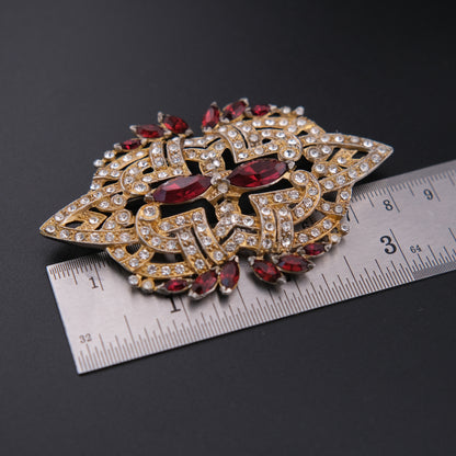 ❤️ Vintage Art Deco Style Rhinestone Brooch Gold Tone Red Marquise Crystal Statement Pin