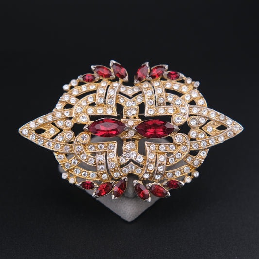 ❤️ Vintage Art Deco Style Rhinestone Brooch Gold Tone Red Marquise Crystal Statement Pin