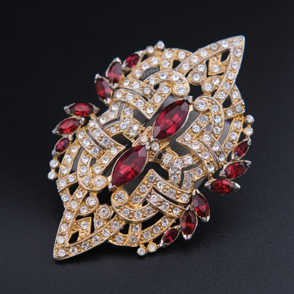 ❤️ Vintage Art Deco Style Rhinestone Brooch Gold Tone Red Marquise Crystal Statement Pin