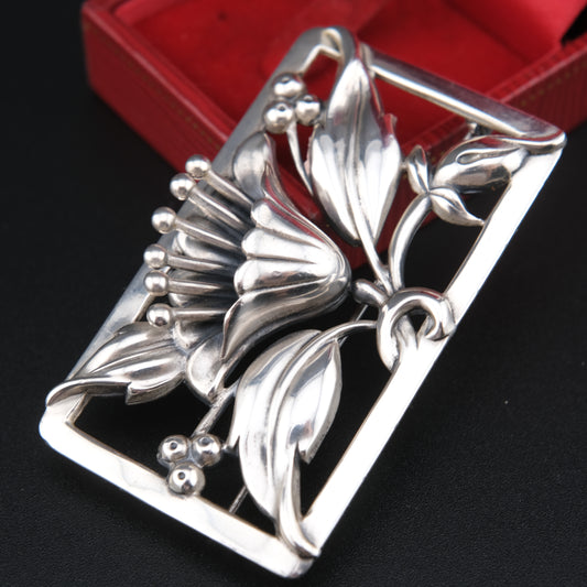 Norseland by Coro Sterling Silver Floral Brooch – Vintage Rectangular Design