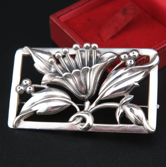 Norseland by Coro Sterling Silver Floral Brooch – Vintage Rectangular Design