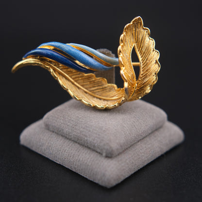 ❤️ Vintage Balenciaga Paris Gold Tone Leaf Brooch Blue Enamel