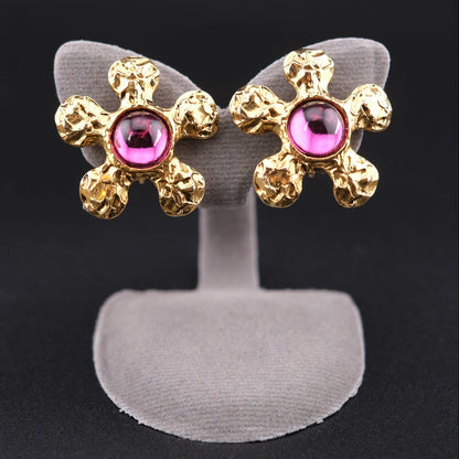 ❤️ Vintage Louis Feraud Gold Tone Clip Earrings with Fuchsia Cabochons