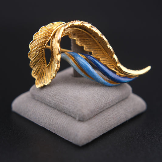 ❤️ Vintage Balenciaga Paris Gold Tone Leaf Brooch Blue Enamel