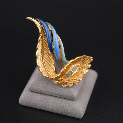 ❤️ Vintage Balenciaga Paris Gold Tone Leaf Brooch Blue Enamel