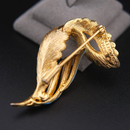 ❤️ Vintage Balenciaga Paris Gold Tone Leaf Brooch Blue Enamel