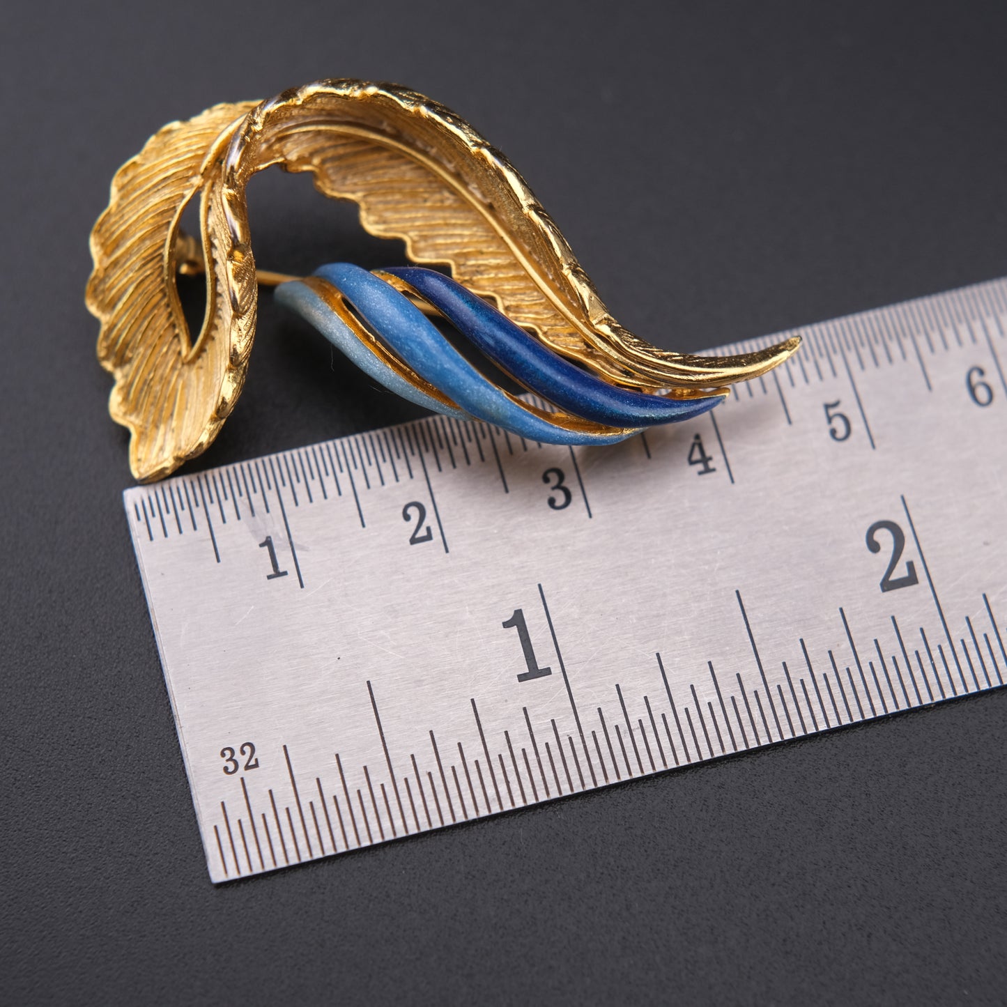 ❤️ Vintage Balenciaga Paris Gold Tone Leaf Brooch Blue Enamel