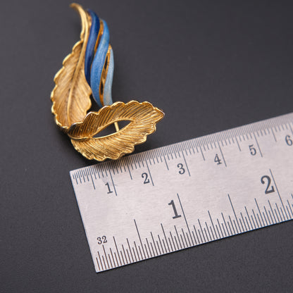 ❤️ Vintage Balenciaga Paris Gold Tone Leaf Brooch Blue Enamel