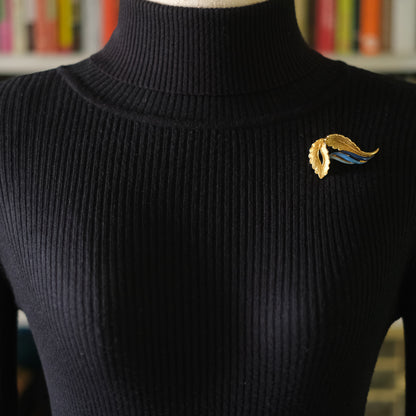❤️ Vintage Balenciaga Paris Gold Tone Leaf Brooch Blue Enamel