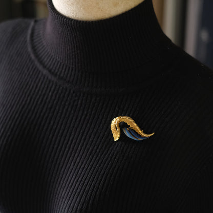 ❤️ Vintage Balenciaga Paris Gold Tone Leaf Brooch Blue Enamel