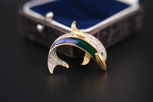 Vintage Attwood & Sawyer Dolphin Brooch – Enamel & Crystal