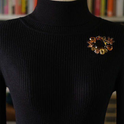 ❤️ Vintage Amber & Champagne Rhinestone Cluster Brooch Silver Tone Floral Spray Pin