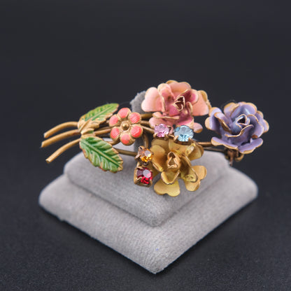 ❤️ Vintage Austrian Floral 1950s Brooch Gold Tone Enamel Rhinestone Bouquet Pin