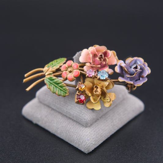 ❤️ Vintage Austrian Floral 1950s Brooch Gold Tone Enamel Rhinestone Bouquet Pin
