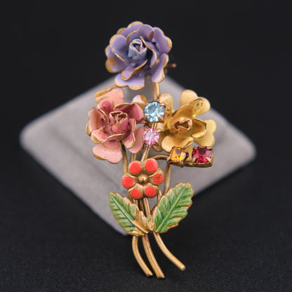 ❤️ Vintage Austrian Floral 1950s Brooch Gold Tone Enamel Rhinestone Bouquet Pin