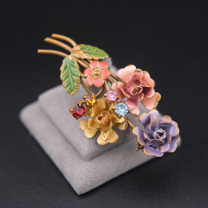 ❤️ Vintage Austrian Floral 1950s Brooch Gold Tone Enamel Rhinestone Bouquet Pin