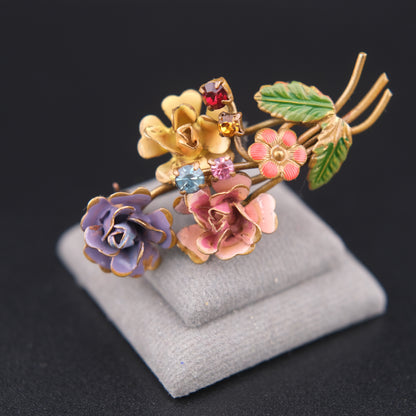 ❤️ Vintage Austrian Floral 1950s Brooch Gold Tone Enamel Rhinestone Bouquet Pin