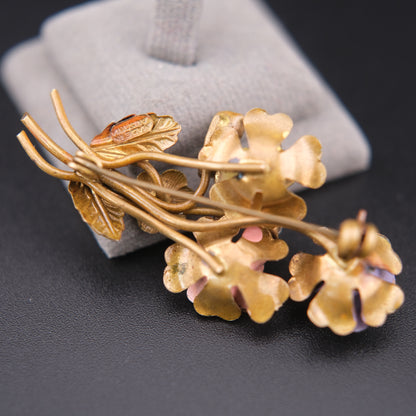❤️ Vintage Austrian Floral 1950s Brooch Gold Tone Enamel Rhinestone Bouquet Pin