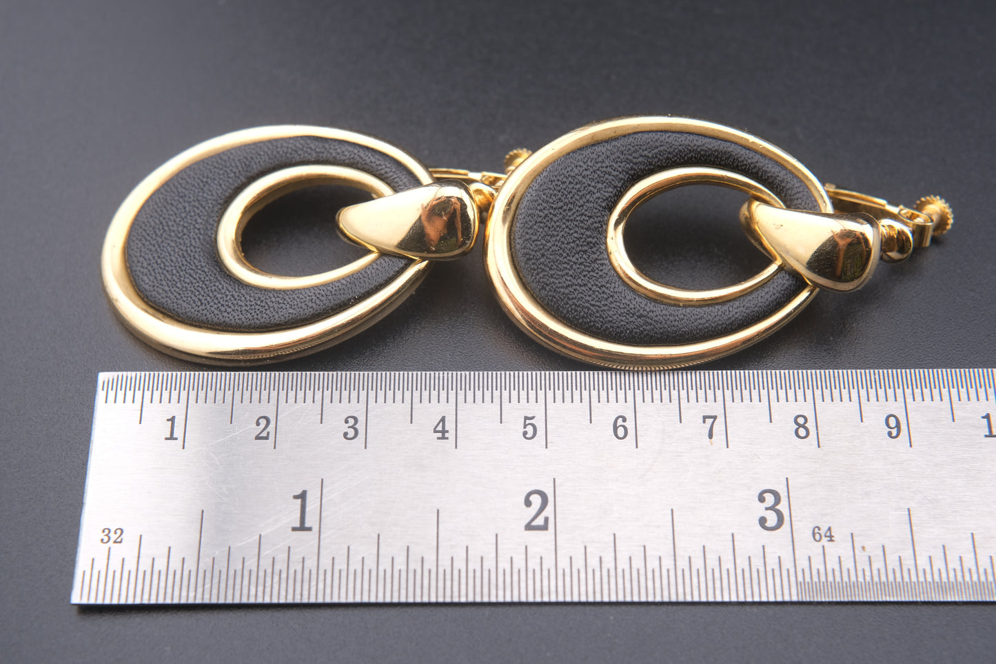 Vintage Hanae Mori Black Leather & Gold Oval Clip-On Earrings – 1980s Japanese Designer Jewelry