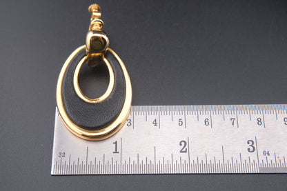 Vintage Hanae Mori Black Leather & Gold Oval Clip-On Earrings – 1980s Japanese Designer Jewelry