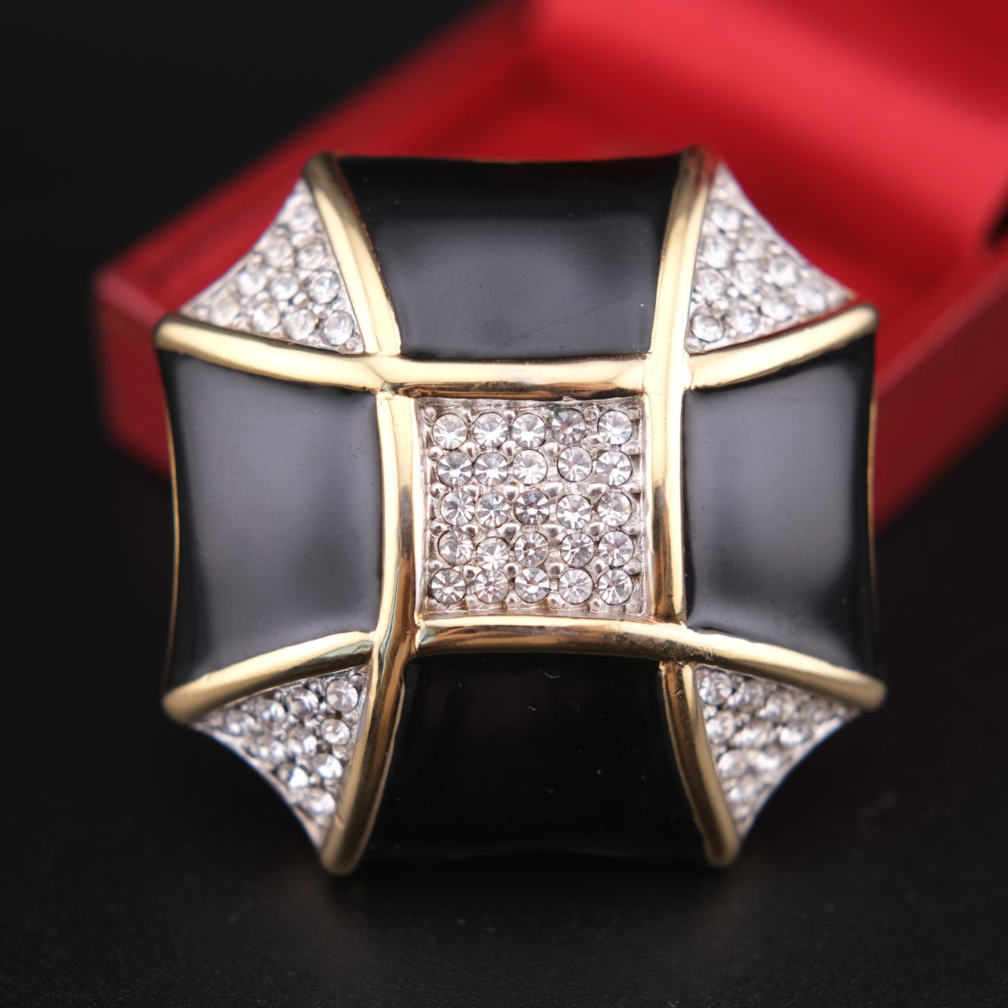 ❤️ Vintage Courrèges Paris Black Enamel & Crystal Sculptural Brooch