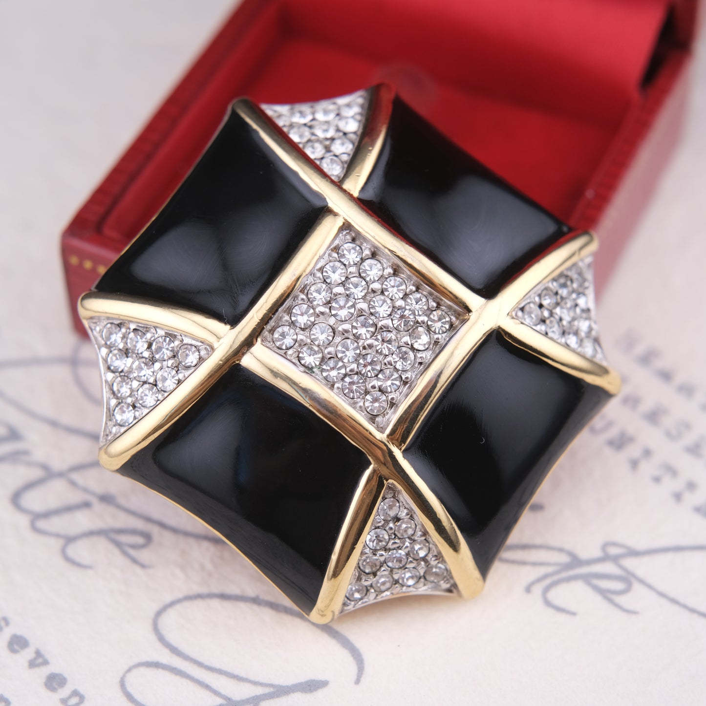 ❤️ Vintage Courrèges Paris Black Enamel & Crystal Sculptural Brooch