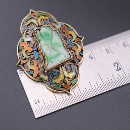 ❤️ Vintage Chinese Silver Filigree Enamel Jade Brooch 2" Green Stone
