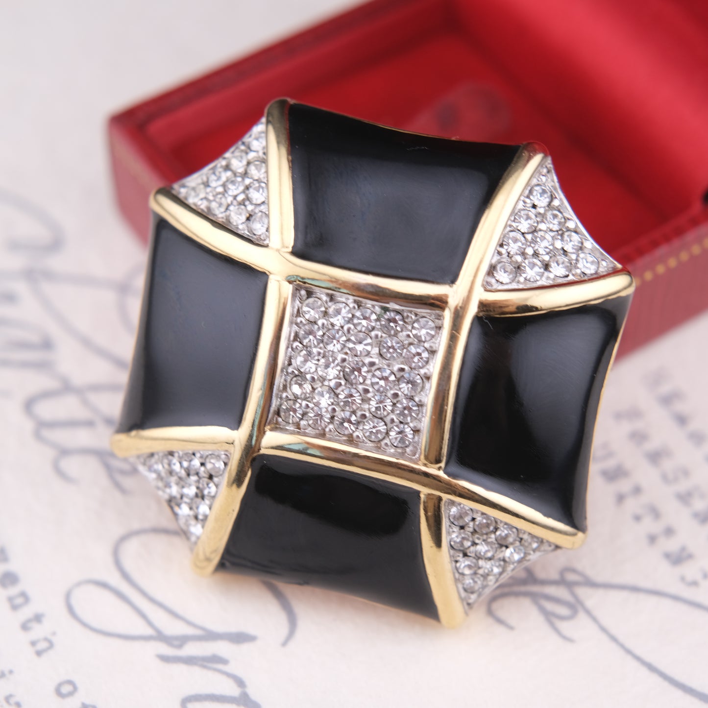 ❤️ Vintage Courrèges Paris Black Enamel & Crystal Sculptural Brooch