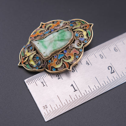 ❤️ Vintage Chinese Silver Filigree Enamel Jade Brooch 2" Green Stone