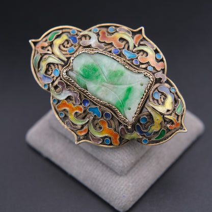 ❤️ Vintage Chinese Silver Filigree Enamel Jade Brooch 2" Green Stone