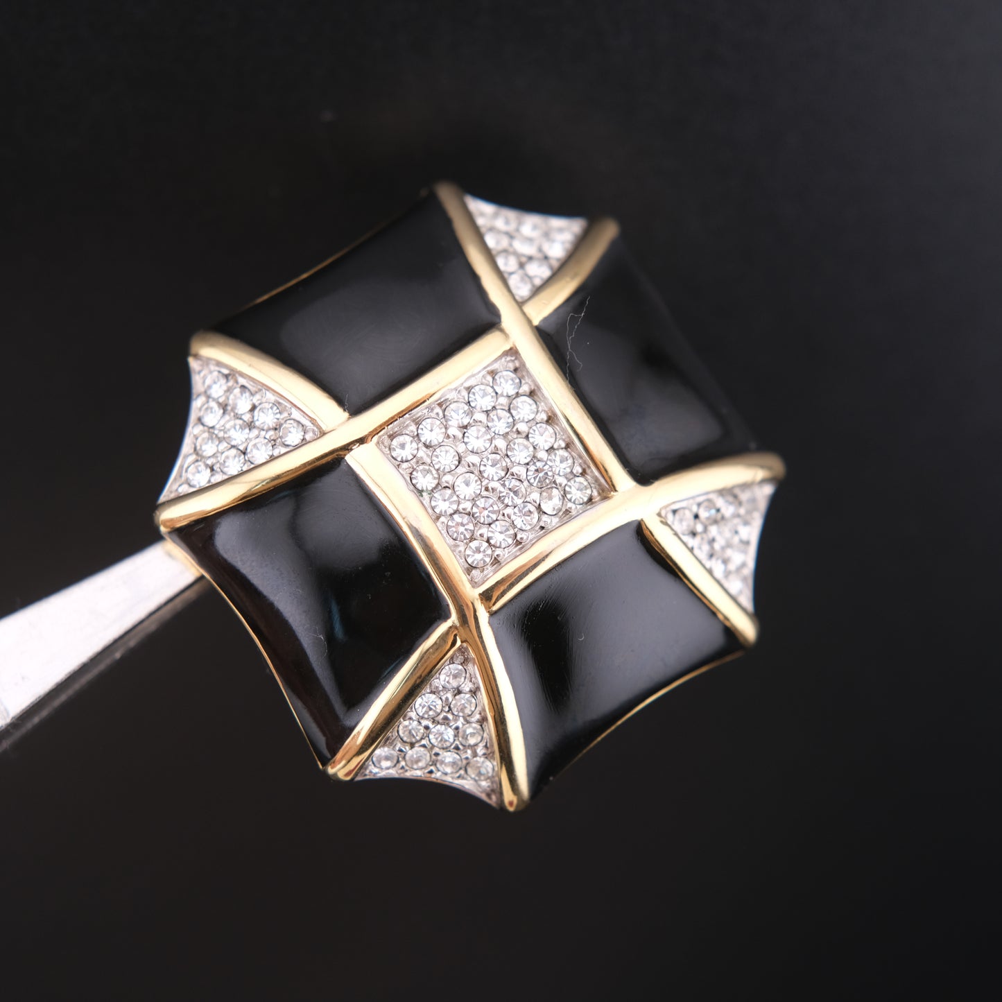 ❤️ Vintage Courrèges Paris Black Enamel & Crystal Sculptural Brooch