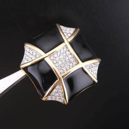 ❤️ Vintage Courrèges Paris Black Enamel & Crystal Sculptural Brooch