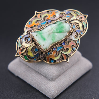 ❤️ Vintage Chinese Silver Filigree Enamel Jade Brooch 2" Green Stone