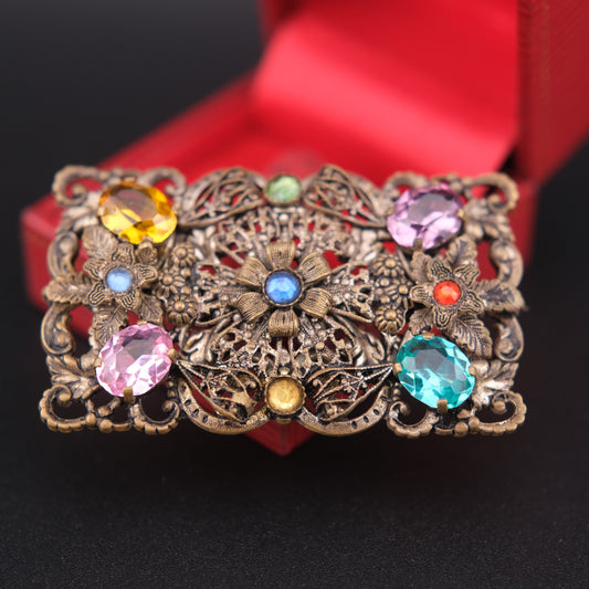 ❤️ Vintage Czechoslovakia Multicolor Filigree Floral Brooch – Czech Glass, Antique Gold Tone