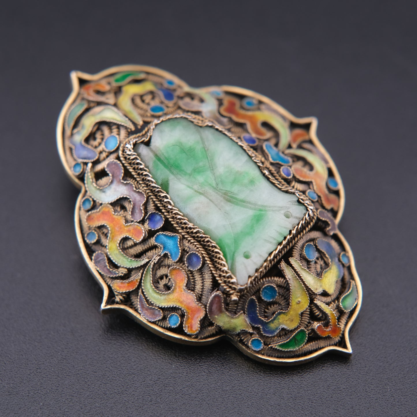 ❤️ Vintage Chinese Silver Filigree Enamel Jade Brooch 2" Green Stone
